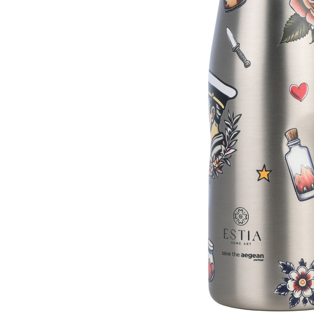 Estia Μπουκάλι Θερμός Save The Aegean 500ml Γκρι Μεταλλικό Old School Ink Travel Flask