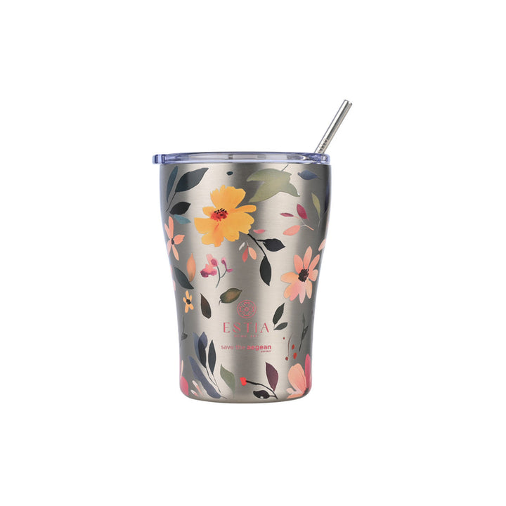 Estia Ποτήρι Θερμός  Save The Aegean 350ml Μεταλλικό Φλοράλ Silver Botanic Coffee Mug