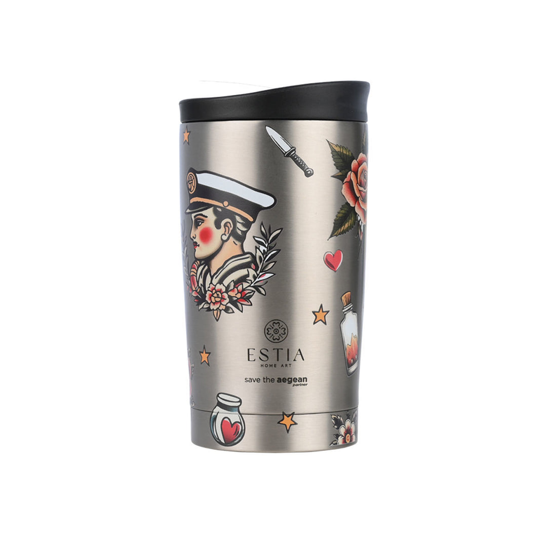 Estia Ποτήρι Θερμός  Save The Aegean 350ml Γκρι Μεταλλικό Old School Ink Travel Mug