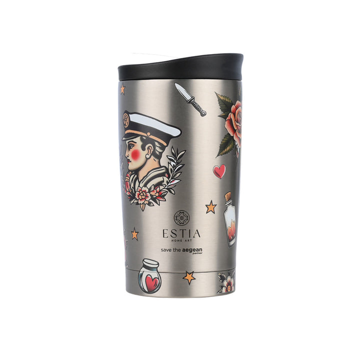 Estia Ποτήρι Θερμός  Save The Aegean 350ml Γκρι Μεταλλικό Old School Ink Travel Mug