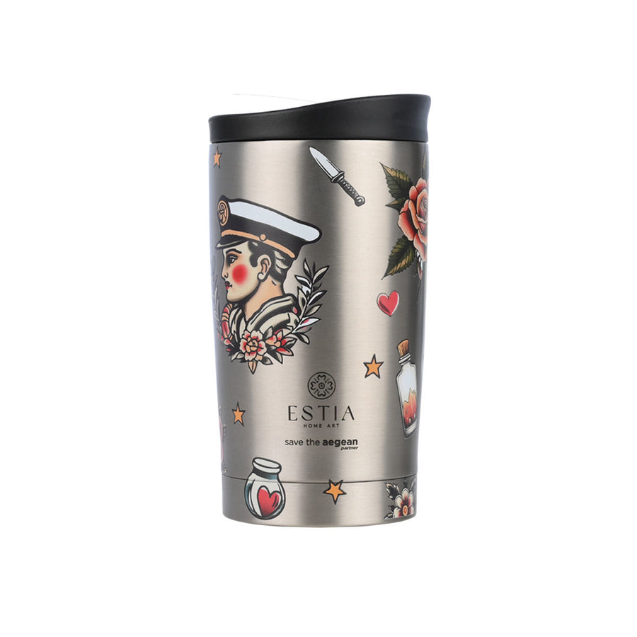 Estia Ποτήρι Θερμός  Save The Aegean 350ml Γκρι Μεταλλικό Old School Ink Travel Mug