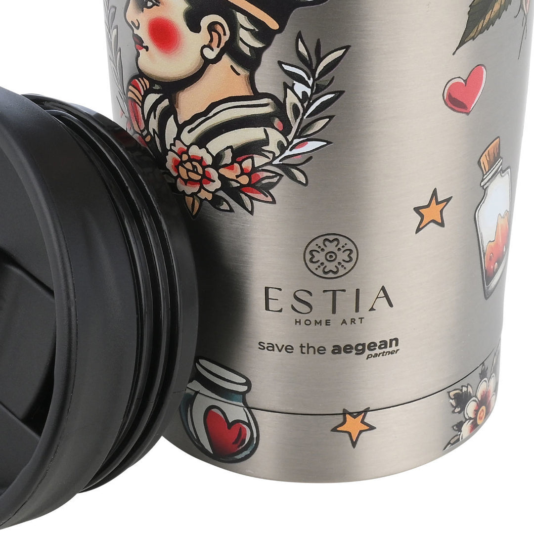 Estia Ποτήρι Θερμός  Save The Aegean 350ml Γκρι Μεταλλικό Old School Ink Travel Mug