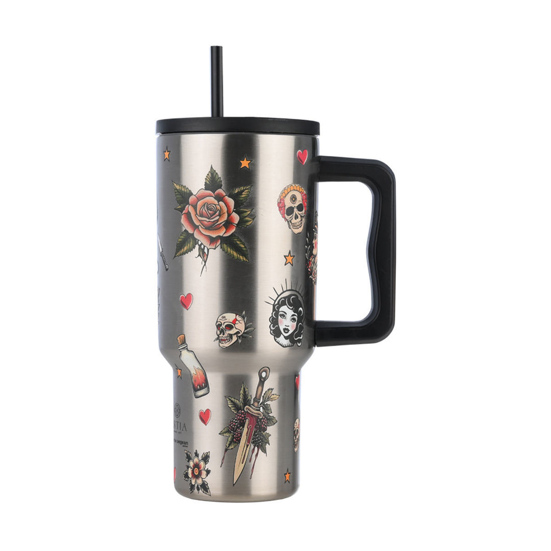 Estia Ποτήρι Θερμός Με Καλαμάκι & Χερούλι Save The Aegean Ασημί Με Σχέδιο Old School Straw Tumbler