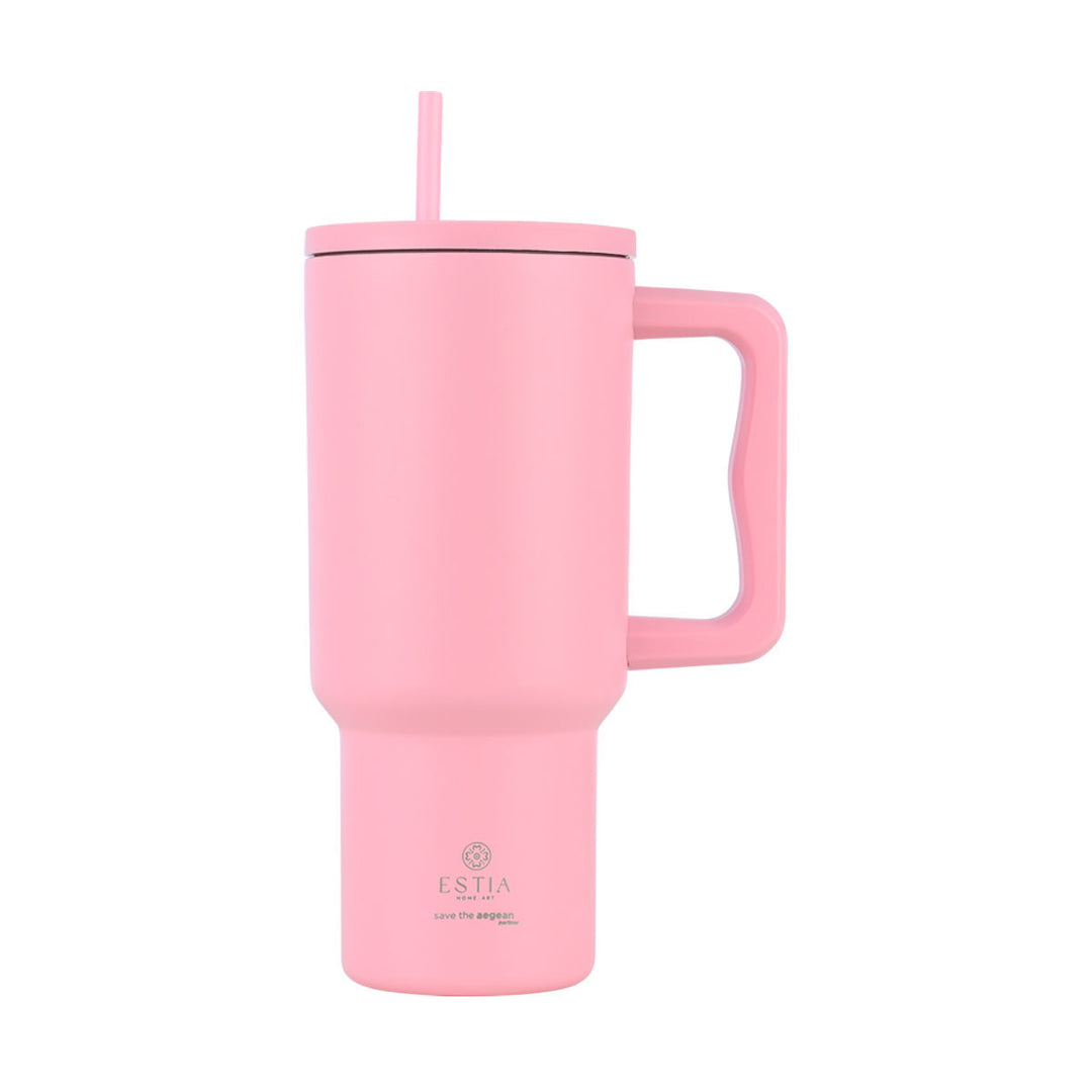 Estia Ποτήρι Θερμός Με Καλαμάκι & Χερούλι Save The Aegean Ροζ Blossom Rose Straw Tumbler
