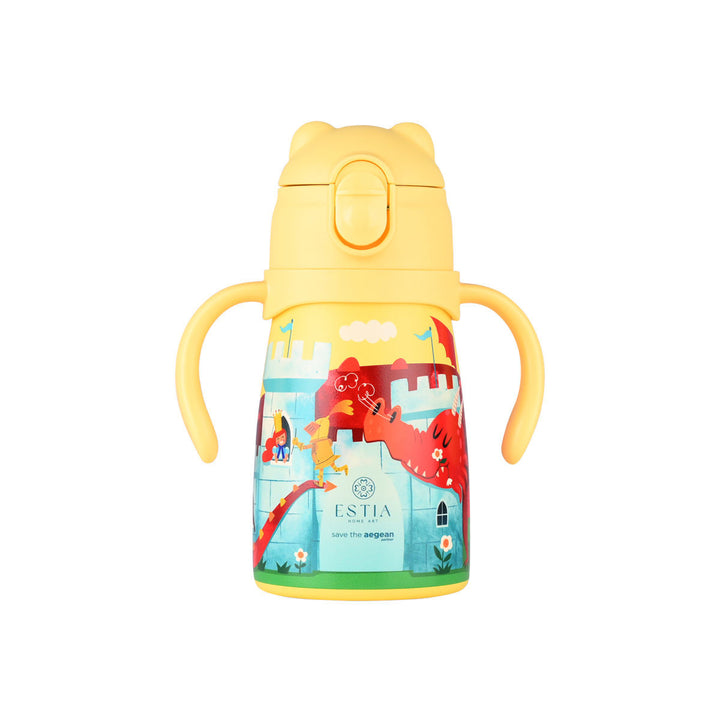 Estia Θερμός Παιδικό Με Λαβές Και Καλαμάκι 300ml Κίτρινο Με Κάστρο & Δεινοσαύρους Fortress Dragon