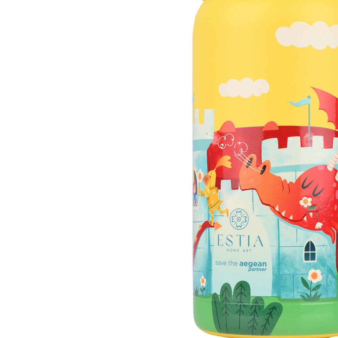 Estia Θερμός Παιδικό Με Καλαμάκι 350ml Κίτρινο Με Σχέδιο Κάστρο & Δεινοσαύρους Fortress Dragon