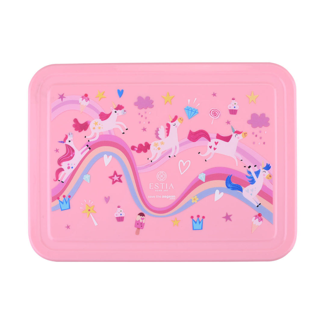 Τάπερ Estia Παιδικό Με 5 Θήκες Κουτάλι Και Πιρούνι 1330ml Ροζ Rainbow Dreams