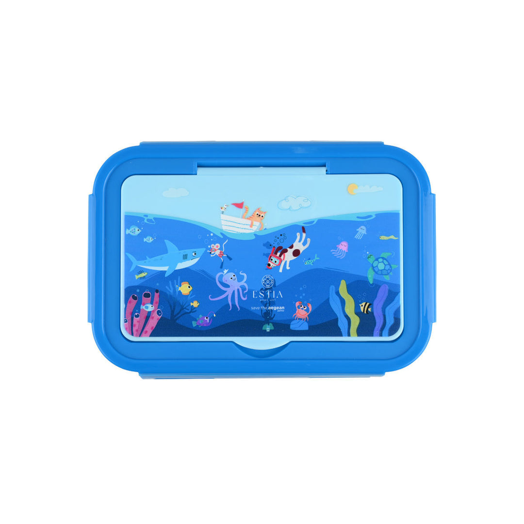 Τάπερ Estia Παιδικό Ανοξείδωτο 2 Θήκες Κουτάλι Πιρούνι Μαχαίρι 900ml Μπλε Ocean Play