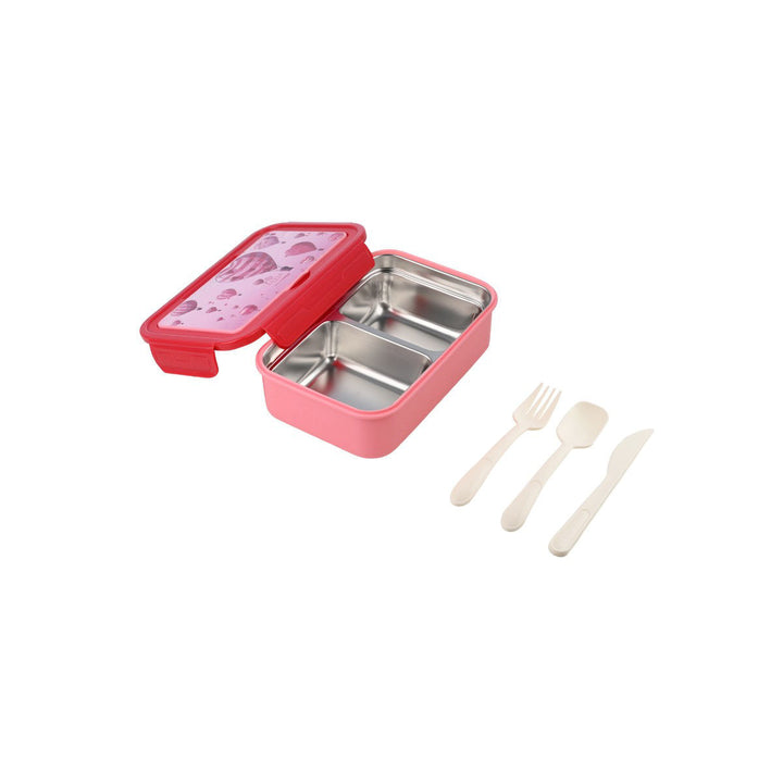 Τάπερ Estia Παιδικό Ανοξείδωτο 2 Θήκες Κουτάλι Πιρούνι Μαχαίρι 900ml Ροζ Love Ascend