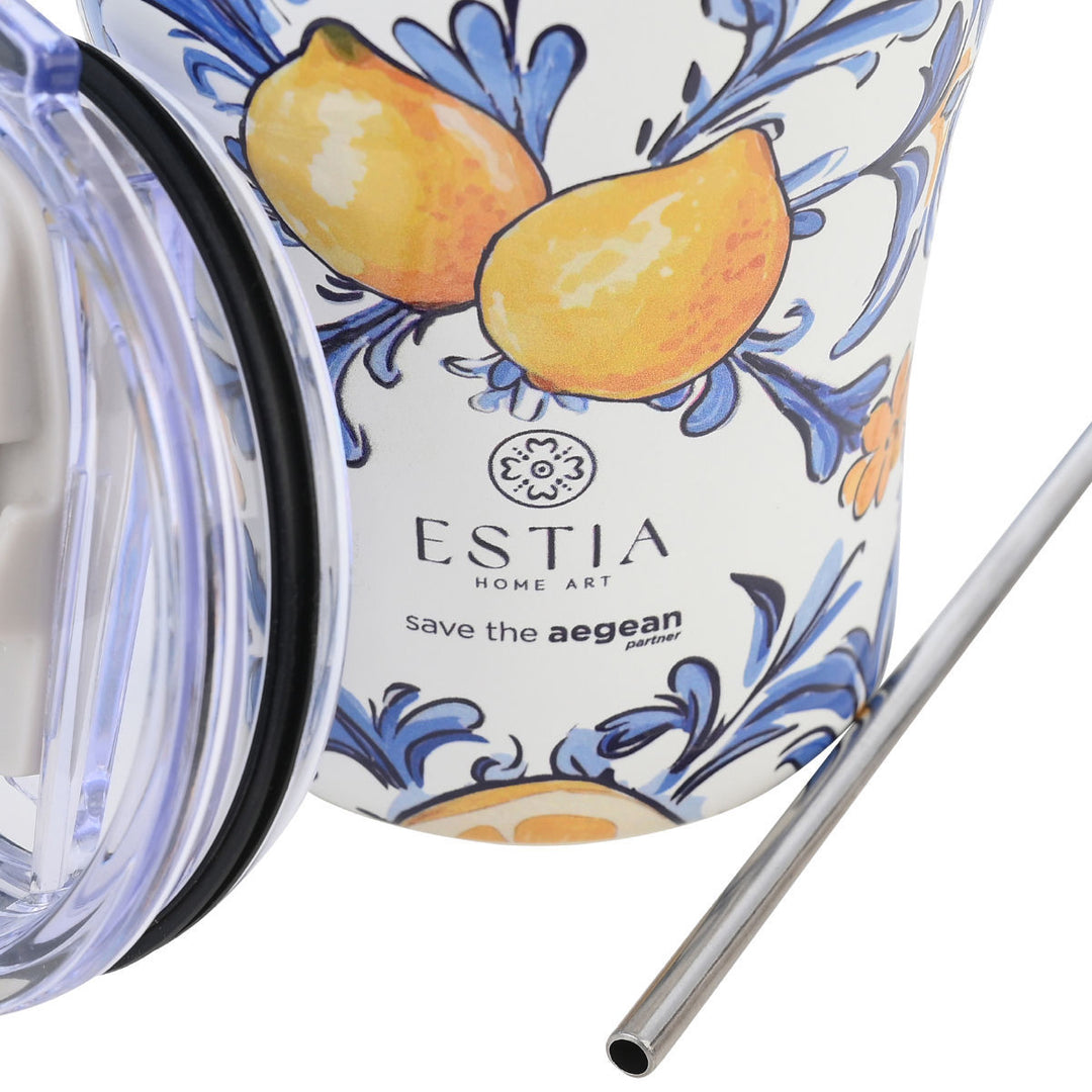 Ποτήρι καφέ Estia Save the Aegean με σχέδιο λεμόνια και μπλε λουλούδια σε λευκό φόντο.