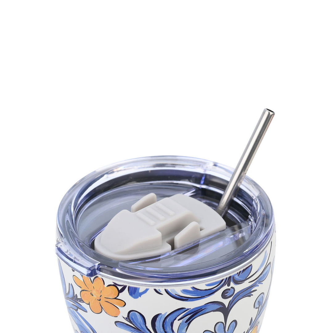 Επαναχρησιμοποιούμενο ποτήρι καφέ Estia Save the Aegean 350ml, λευκό με μπλε και πορτοκαλί μοτίβα και σχέδιο κίτρινα λεμόνια.