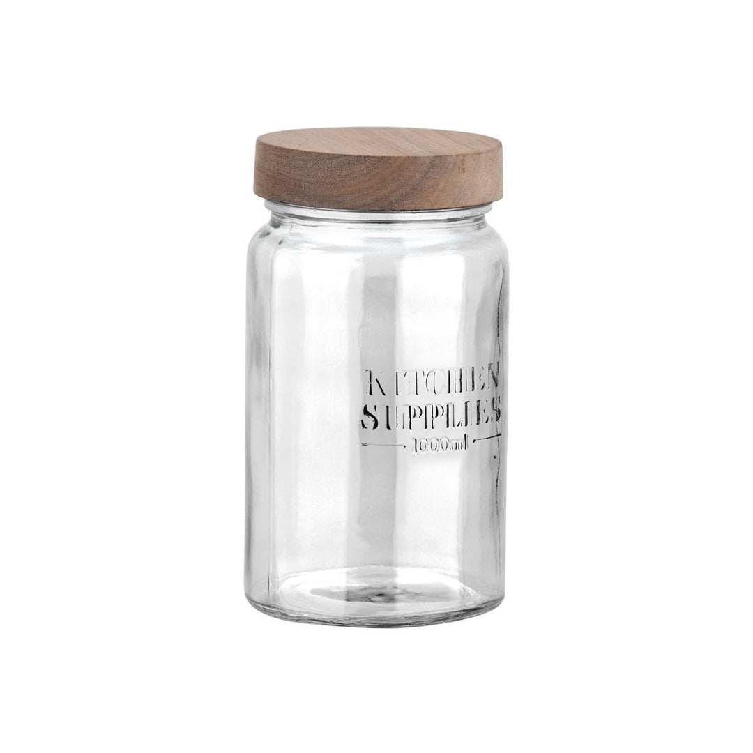 Πλάγια όψη από γυάλινο δοχείο αποθήκευσης Kitchen Supplies με ανάγλυφη επιγραφή, διαφανές σώμα και καπάκι από φυσικό ξύλο, ιδανικό για κουζίνα.