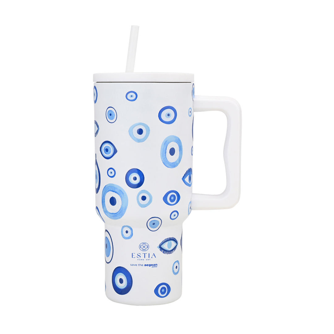 Θερμός Estia Straw Tumbler XL 900ml Spirit Of Luck με μπλε μάτια σε λευκό φόντο και καλαμάκι.