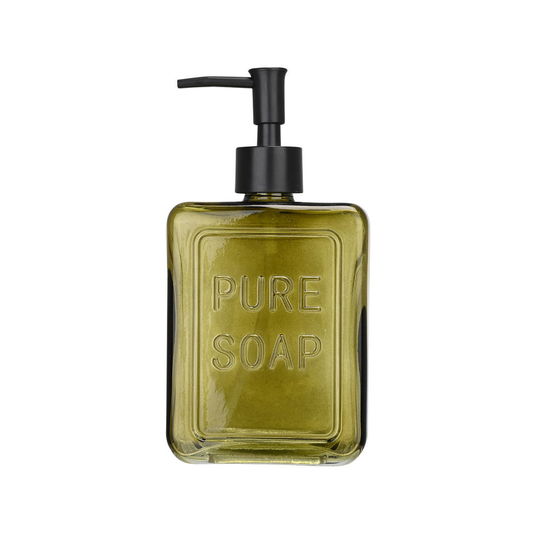 Αντλία σαπουνιού Estia Pure Soap από πράσινο γυαλί με μαύρη αντλία και ανάγλυφη επιγραφή.