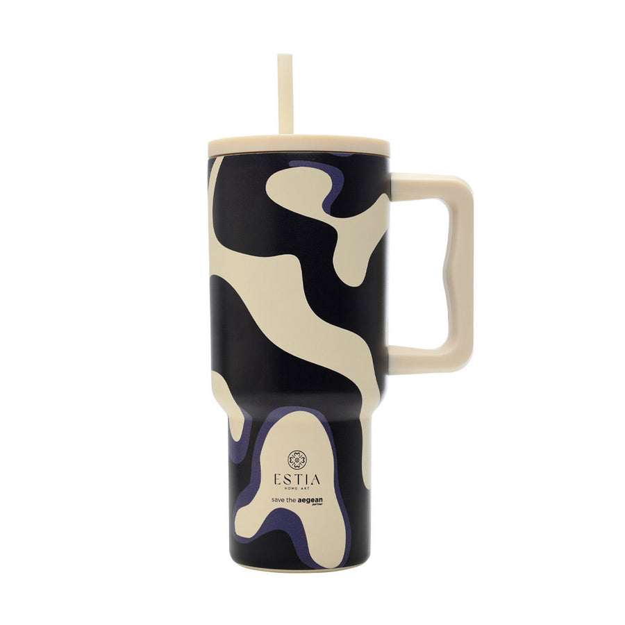 Estia Ποτήρι Θερμός Με Καλαμάκι & Χερούλι Save The Aegean Εκρού-Μαύρο Bold Drift Straw Tumbler