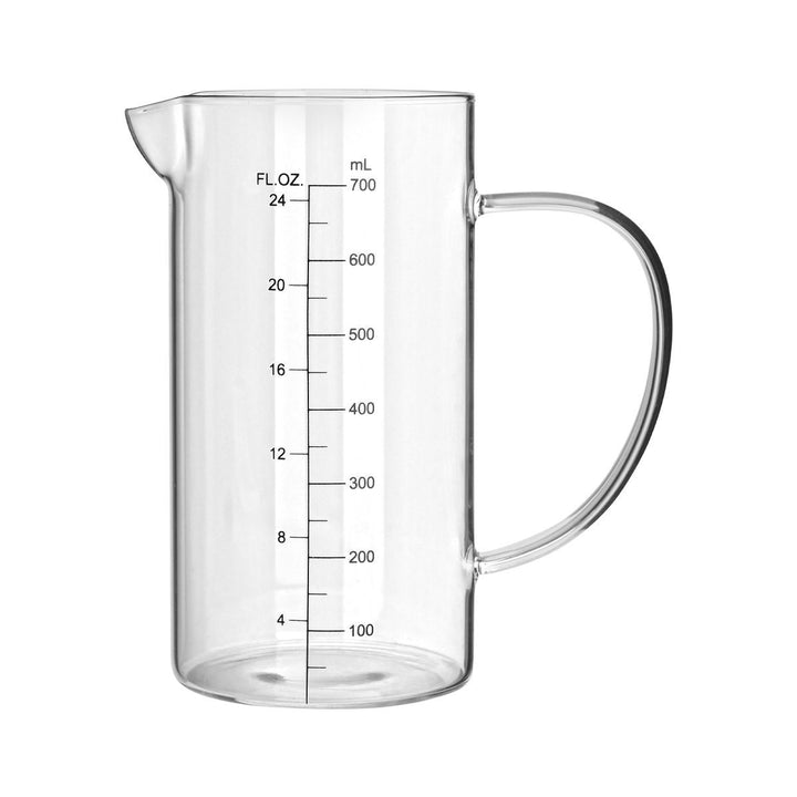 Γυάλινη κανάτα μέτρησης χωρητικότητας 750ml με διαφανές σώμα, ενσωματωμένο στόμιο pour και εργονομική λαβή, σε λευκό φόντο, με εμφανή κλίμακα μέτρησης σε ml και fl oz.