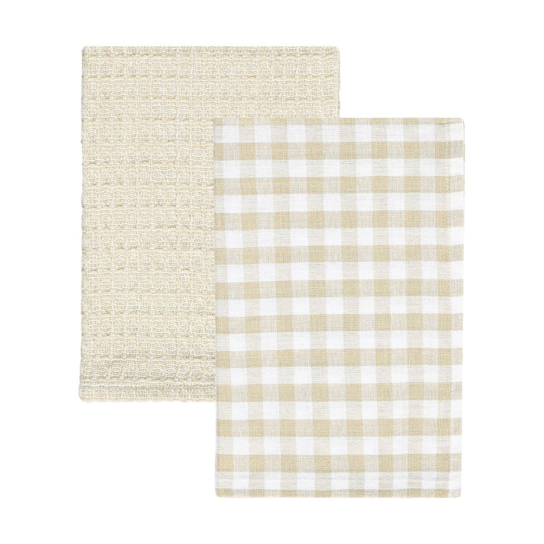 Δύο πετσέτες κουζίνας μπεζ Casa με καρό μοτίβο και ανάγλυφη ύφανση, τοποθετημένες επίπεδα σε λευκό φόντο.