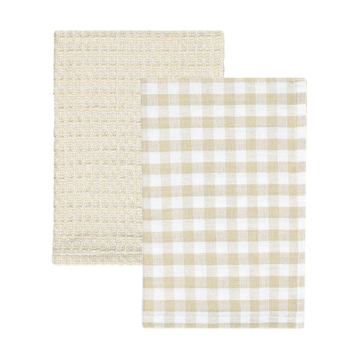 Δύο πετσέτες κουζίνας μπεζ Casa με καρό μοτίβο και ανάγλυφη ύφανση, τοποθετημένες επίπεδα σε λευκό φόντο.