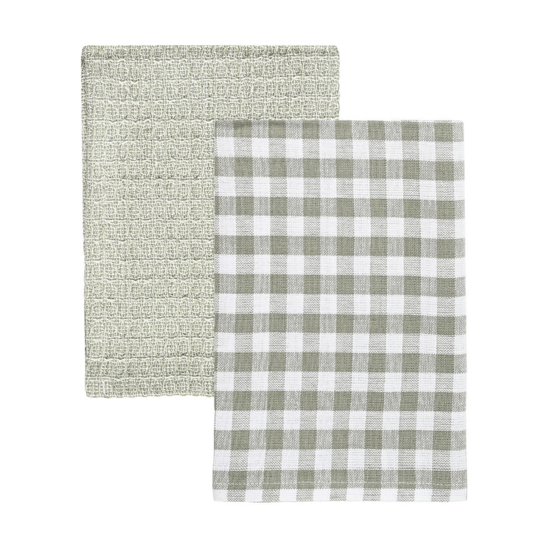 Σετ δύο γκρι πετσέτες κουζίνας Estia, μία καρό και μία ανάγλυφη, τοποθετημένες επίπεδα σε λευκό φόντο.