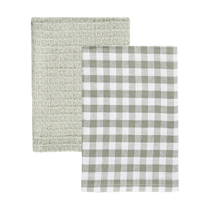 Σετ δύο γκρι πετσέτες κουζίνας Estia, μία καρό και μία ανάγλυφη, τοποθετημένες επίπεδα σε λευκό φόντο.