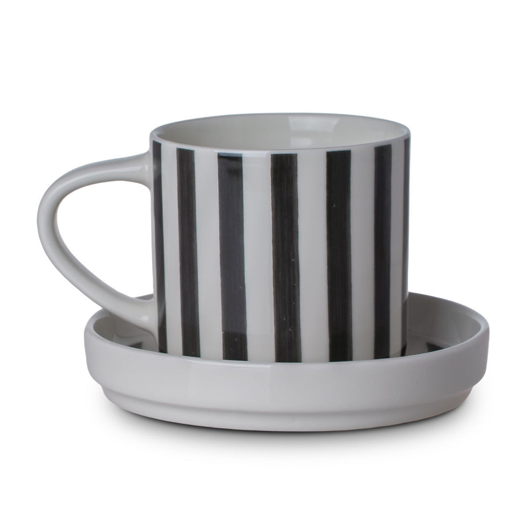 Κούπα Ριγέ Λευκή-Μαύρη Με Πιατάκι New Bone 300ml Hand Lines Estia