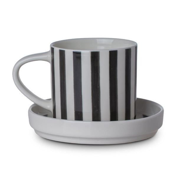 Κούπα Ριγέ Λευκή-Μαύρη Με Πιατάκι New Bone 300ml Hand Lines Estia