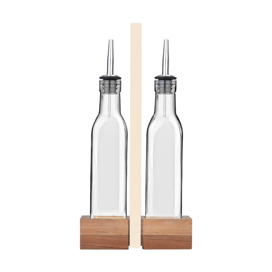 Μπουκάλια Γυάλινα Για Λάδι & Ξύδι Σετ 2τμχ 280ml Με Ξύλινη Βάση Allure Estia