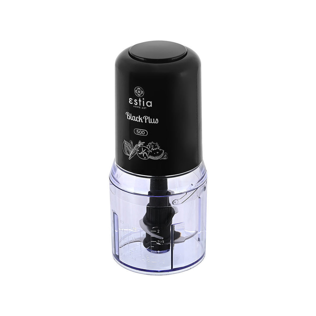 Ηλεκτρικός πολυκόπτης Estia Black Plus 400W με διάφανο δοχείο και σχέδια τροφίμων στο καπάκι.