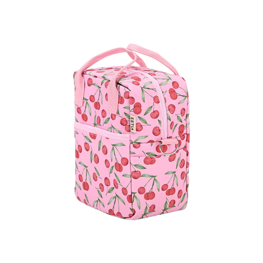 Ισοθερμικό lunch bag Estia Cherry Rose με ροζ βάση, print κεράσια και πλαϊνή θήκη αποθήκευσης.