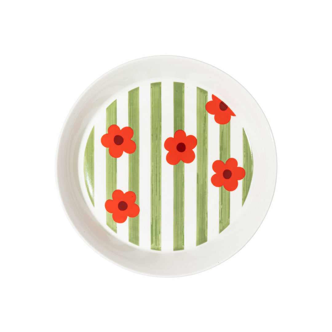 Πιάτο Βαθύ Πράσινο-Λευκό με Ριγέ Σχέδιο & Κόκκινα Λουλούδια Πορσελάνινο 22cm