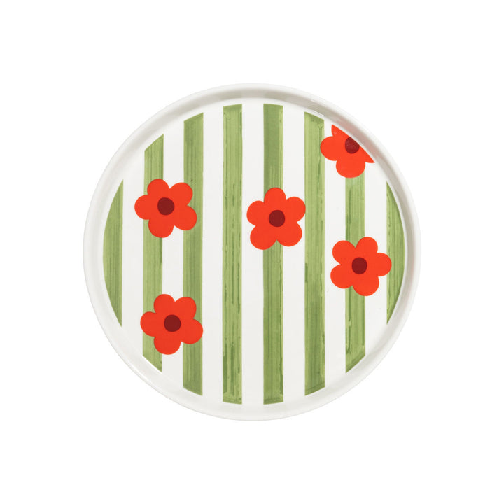 Πιάτο Ρηχό Πράσινο-Λευκό με Ριγέ Σχέδιο & Κόκκινα Λουλούδια Πορσελάνινο 20cm