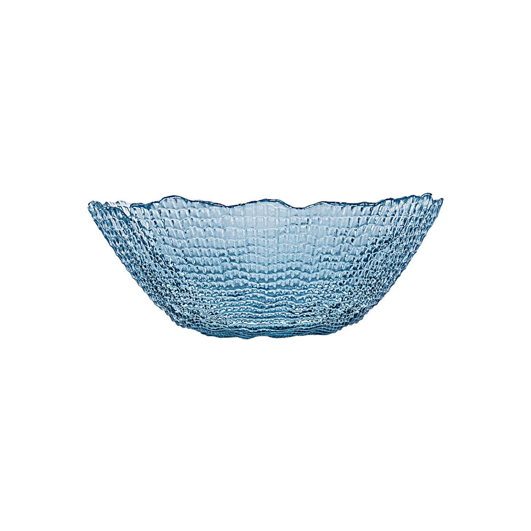 Μπλε μπολ από γυαλί με textured επιφάνεια και διακοσμητικό κυματιστό χείλος.