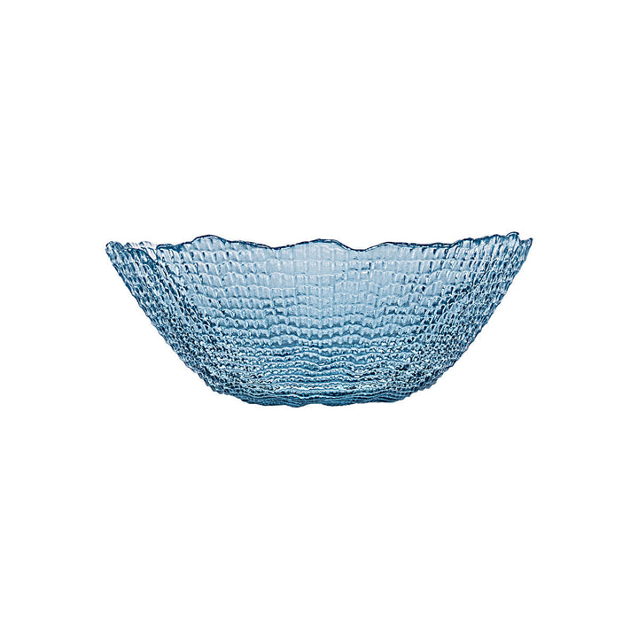 Μπλε μπολ από γυαλί με textured επιφάνεια και διακοσμητικό κυματιστό χείλος.
