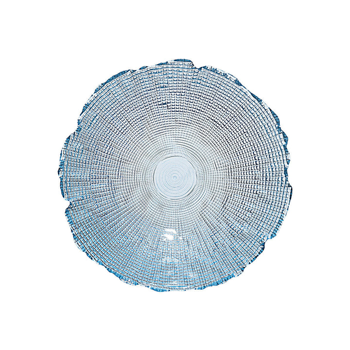 Γυάλινο μπολ μπλε με λεπτομερή ανάγλυφη υφή και στρογγυλό σχήμα σε minimal φόντο.