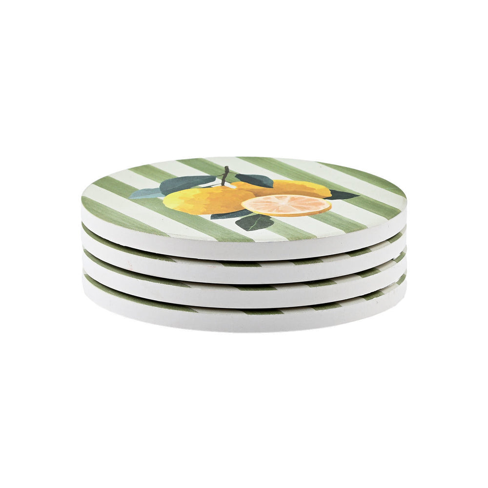 Σουβέρ Κεραμικά Λευκά-Πράσινα με Λεμόνια Σετ 4τμχ D. 10,3cm Estia