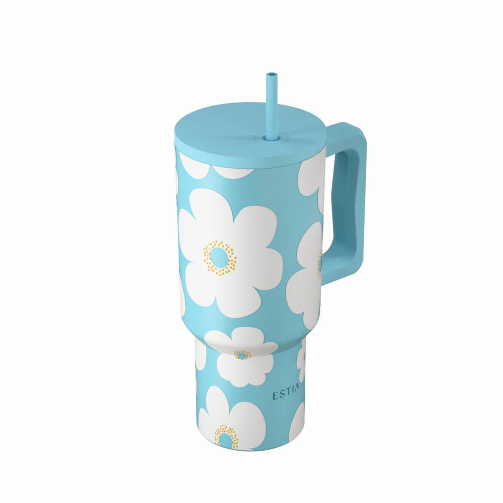 Estia Ποτήρι Θερμός Με Καλαμάκι & Χερούλι Save The Aegean Blue Daisy Straw Tumbler
