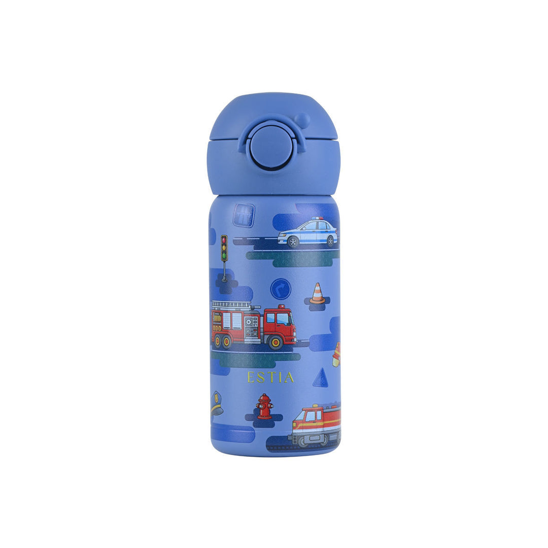 Παιδικό θερμός Estia Wonder Bottle 350ml με καλαμάκι, μπλε σχέδιο City Heroes με πυροσβεστικό, περιπολικό και οχήματα σε λευκό φόντο.