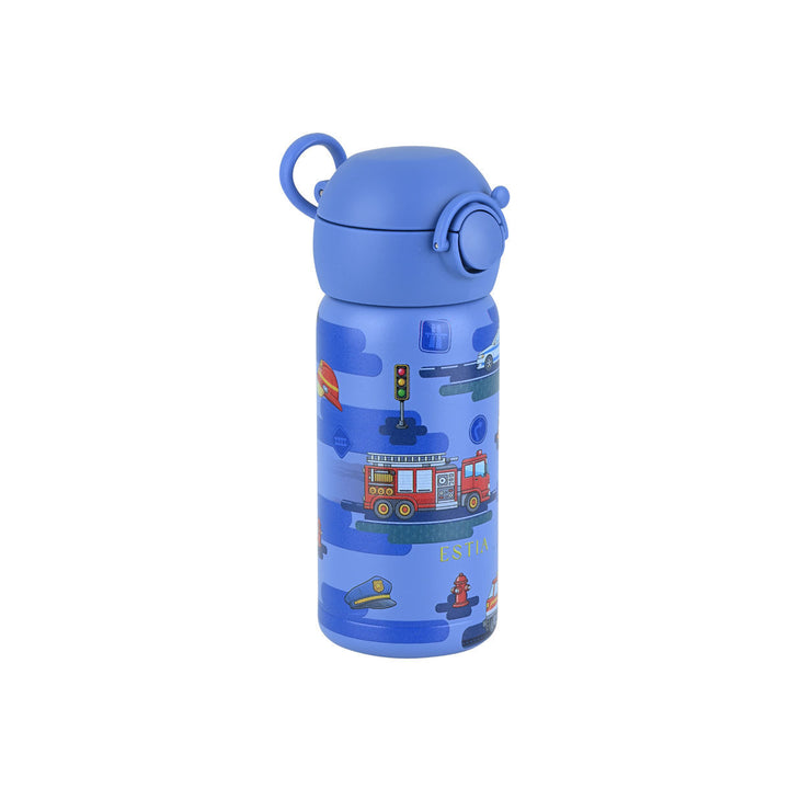 Παιδικό θερμός Estia Wonder Bottle 350ml City Heroes σε μπλε χρώμα με πρακτική λαβή μεταφοράς και καλαμάκι σιλικόνης.