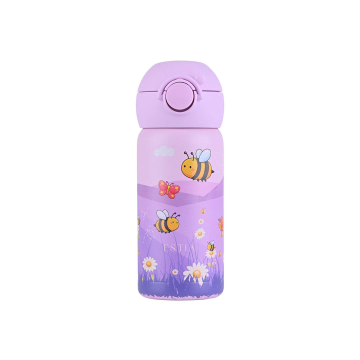 Παιδικό θερμός Estia Wonder Bottle 350ml Garden Friends σε μωβ χρώμα με σχέδιο μελισσούλες, πεταλούδες και λουλούδια σε λευκό φόντο.