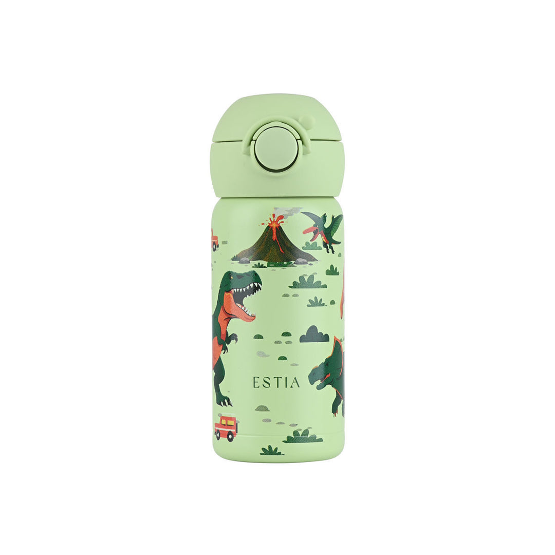 Παιδικό θερμός Estia Wonder Bottle 350ml Dino Explorer σε λαχανί χρώμα με σχέδιο δεινόσαυρους και ηφαίστειο σε λευκό φόντο.