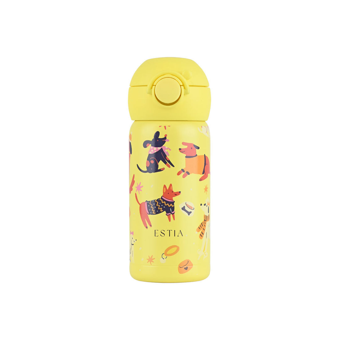 Παιδικό θερμός Estia Wonder Bottle 350ml Pet Party σε κίτρινο χρώμα με σχέδιο χαριτωμένα ζωάκια σε λευκό φόντο.