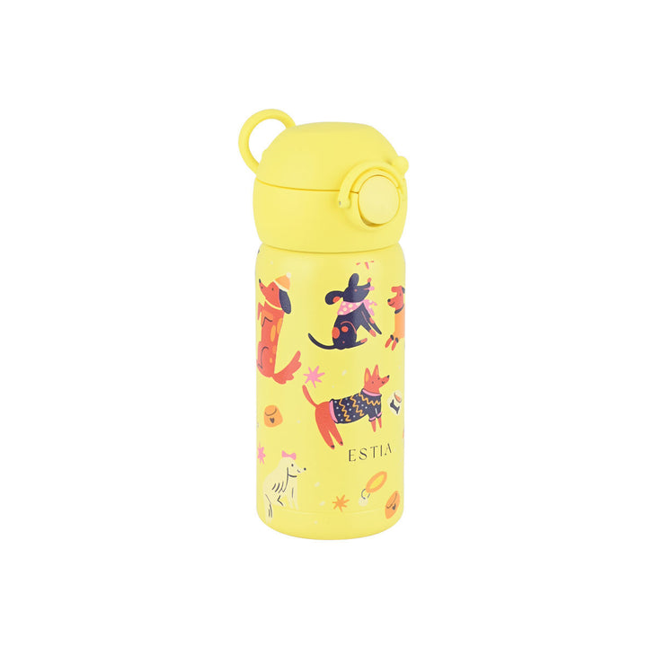 Παιδικό θερμός Estia Wonder Bottle 350ml Pet Party σε κίτρινο χρώμα με σχέδιο χαριτωμένα ζωάκια σε λευκό φόντο.