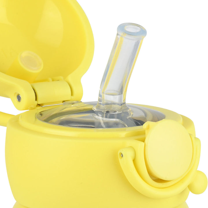 Ανοιχτό καπάκι του παιδικού θερμός Estia Wonder Bottle Pet Party με εύκαμπτο καλαμάκι σιλικόνης και σύστημα κλικ ασφαλείας.