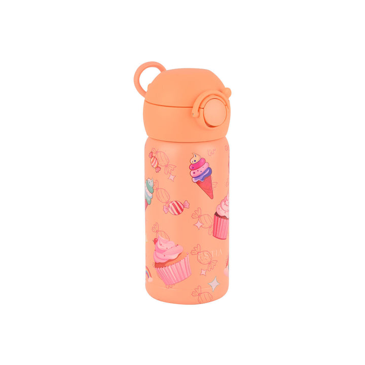 Πλάγια όψη του παιδικού θερμός Estia Wonder Bottle Candy Sky με κοραλί χρώμα και χαρούμενο σχέδιο από γλυκά, καραμέλες και cupcake.