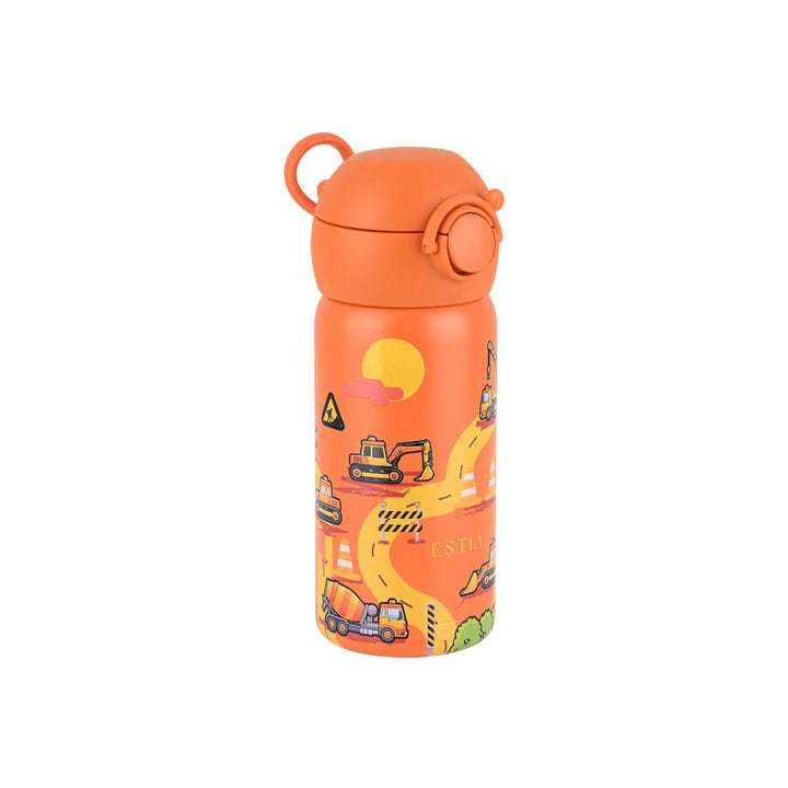 Παιδικό θερμός Estia Wonder Bottle 350ml The Big Build σε πορτοκαλί χρώμα με πρακτική λαβή μεταφοράς και καλαμάκι σιλικόνης.