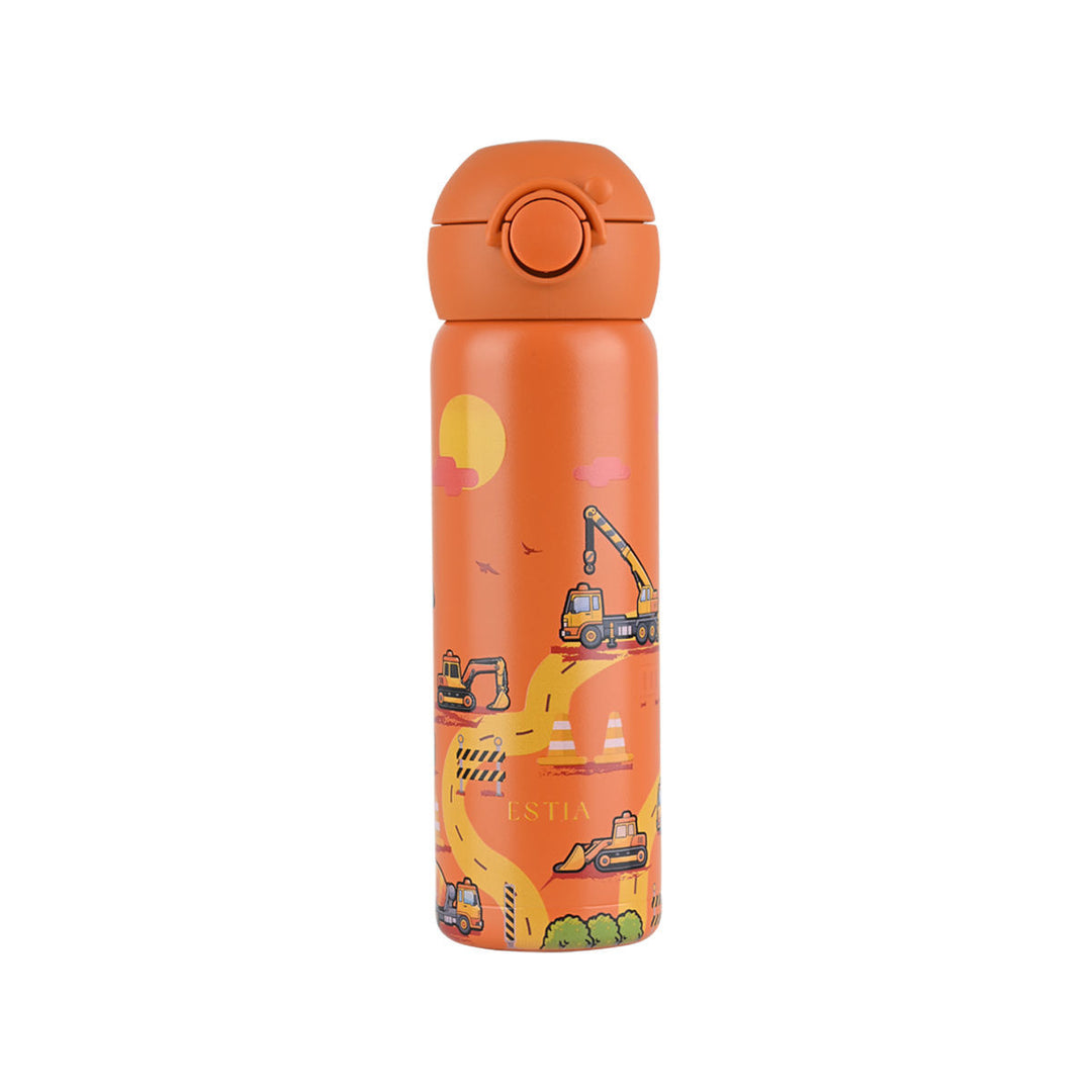 Παιδικό θερμός Estia Wonder Bottle 500ml The Big Build σε πορτοκαλί χρώμα με σχέδιο από εκσκαφείς, γερανούς και οχήματα έργων σε λευκό φόντο.