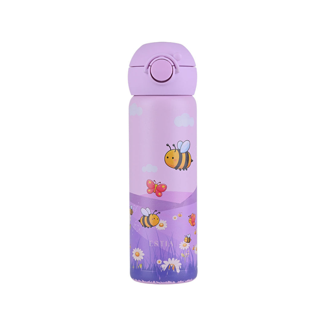 Παιδικό θερμός Estia Wonder Bottle 500ml Garden Friends σε μωβ χρώμα με σχέδιο από μελισσούλες, πεταλούδες, μαργαρίτες και σύννεφα σε λευκό φόντο.