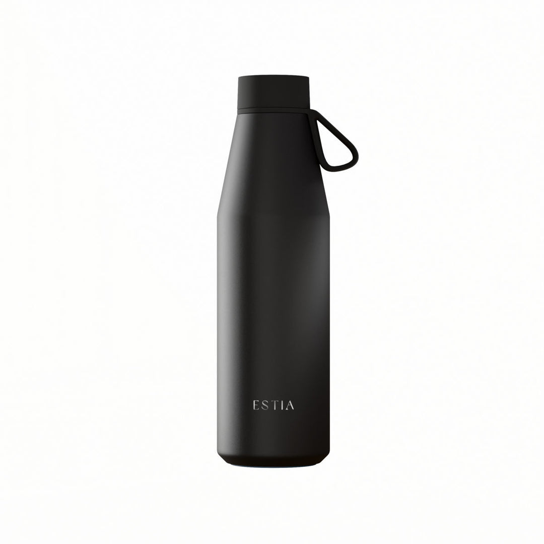 Μαύρο θερμός Flow 500ml της Estia με ανοξείδωτη κατασκευή και πρακτική λαβή στο καπάκι σε λευκό φόντο.