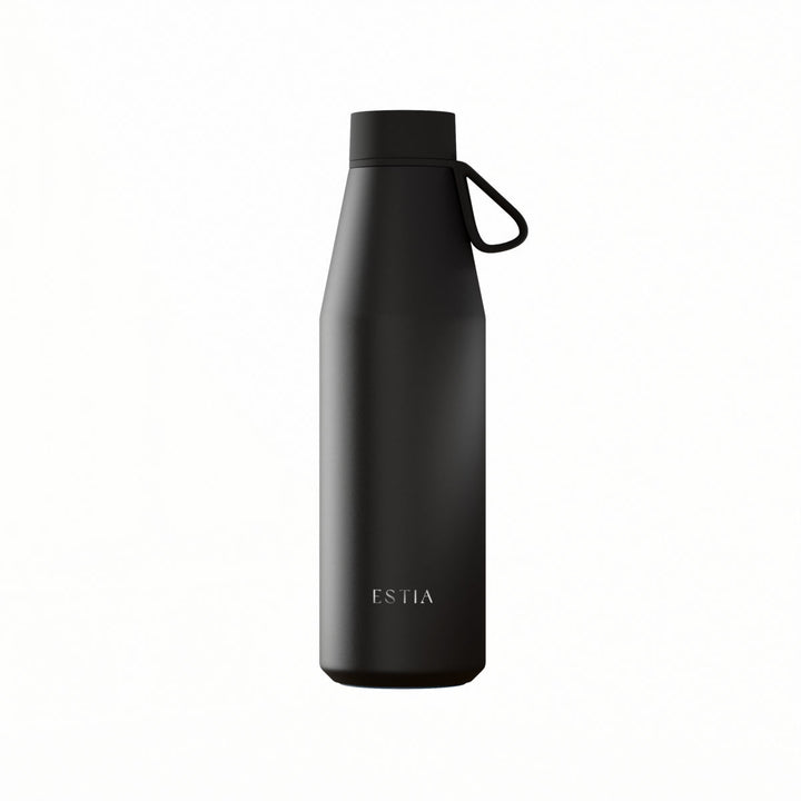 Μαύρο θερμός Flow 500ml της Estia με ανοξείδωτη κατασκευή και πρακτική λαβή στο καπάκι σε λευκό φόντο.
