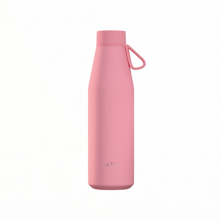 Ροζ θερμός Flow 500ml της Estia με ανοξείδωτη κατασκευή και πρακτική λαβή στο καπάκι σε λευκό φόντο.
